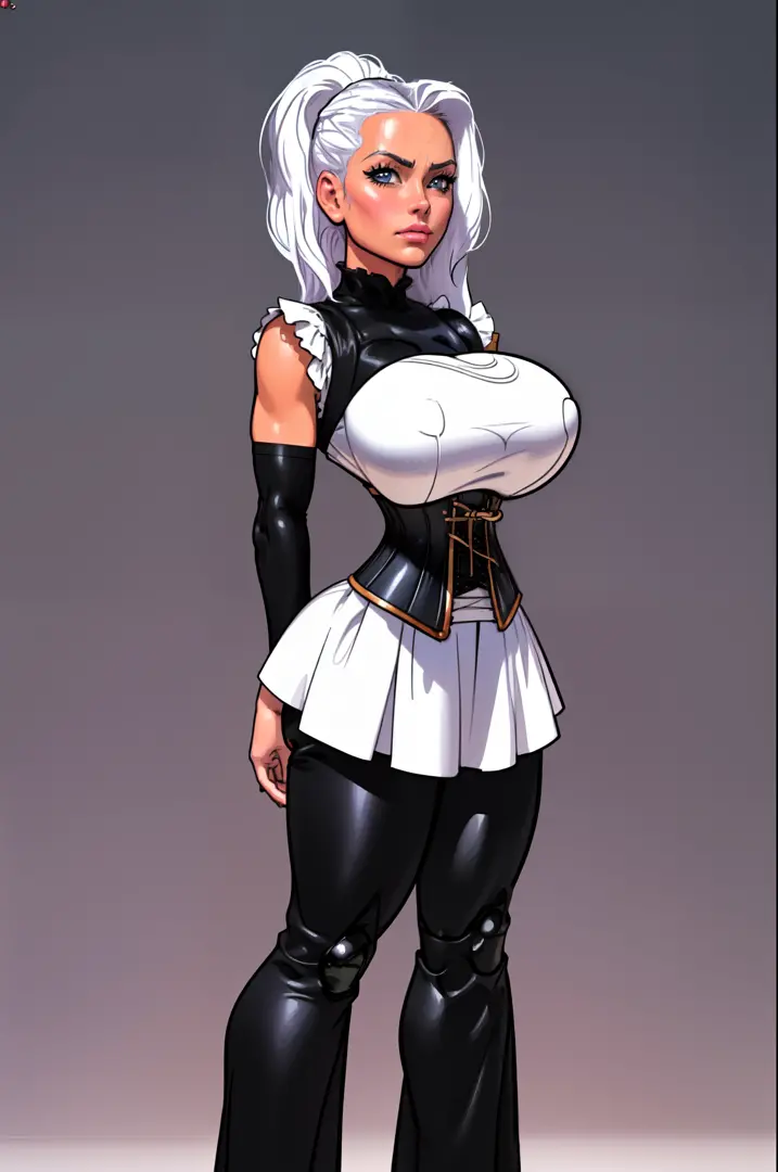 dutch angle, cowboy shot, 1girl as female warrior in medieval armor, torso shot, large breast in a black corset, white hair, front view, shortstackBT, looking at viewer, arms along her body, hands behind her back, in HNKstyle, 80's anime