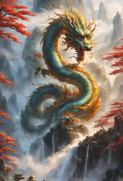 Oriental mythology, Chinese Oriental Dragon, Cloud, wind, (fog color Shuangjiao), waterfall, (long stream), (floating), dynamic ...