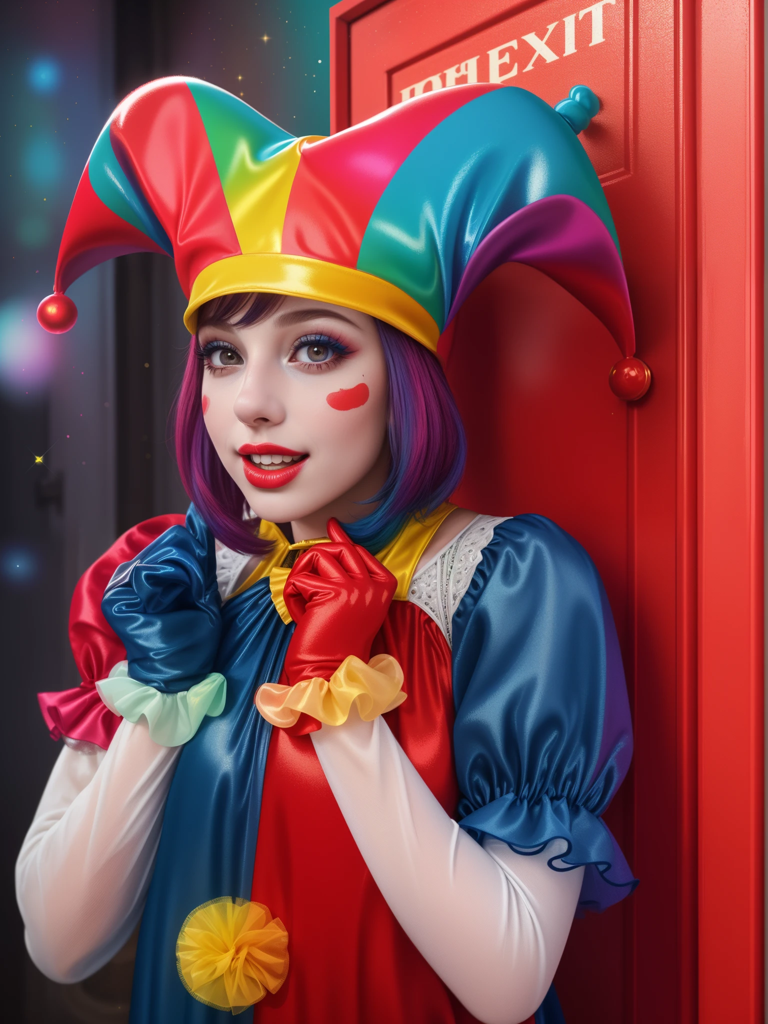 A close up of a woman in a clown costume posing for a picture - SeaArt AI