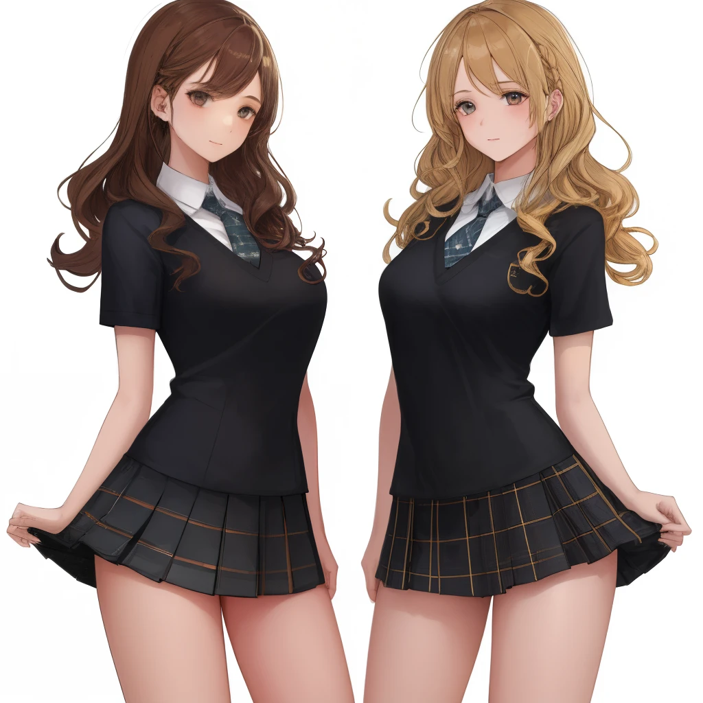 2girls, duo, twins, standing shoulder-to-shoulder, teenage woman, happy, brown hair, blonde hair, long curly hair, matching hairstyles, different hair colors, hair down, hazel eyes, school uniform, white background, best quality, highly detailed