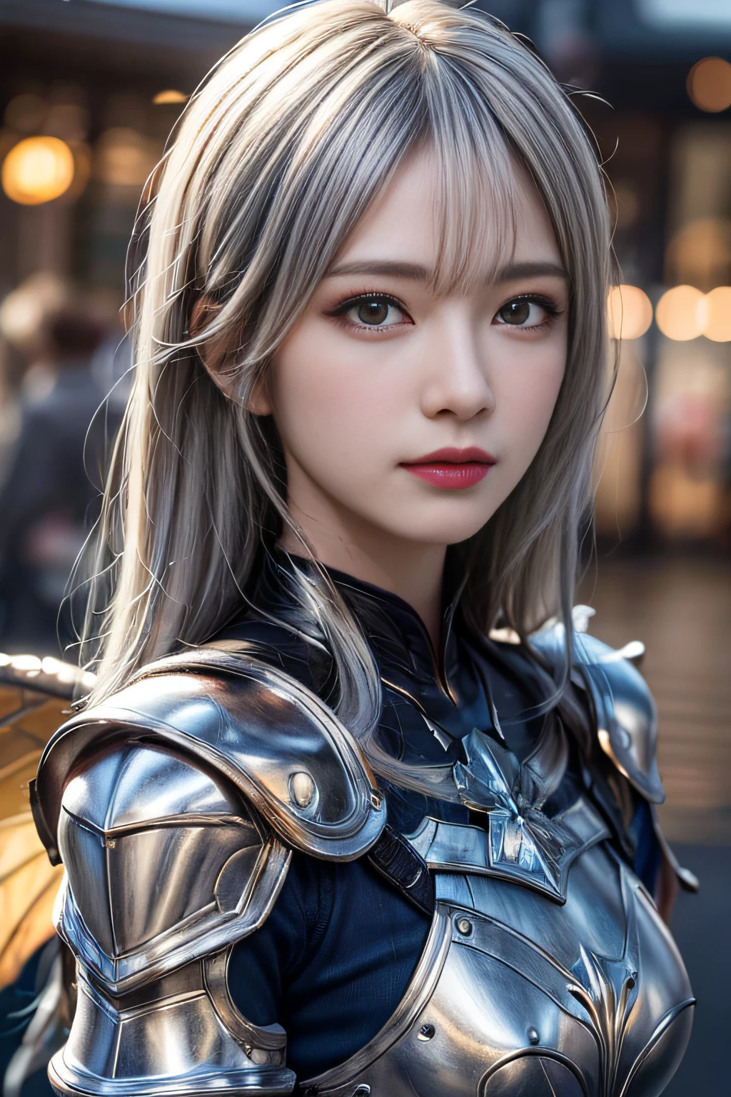 ((Best quality at best)),  ((tmasterpiece)),  ((ultra - detailed)),  extremely detremely detailed CG,  (illustratio),  ((detailedlight)),  (Extremely Delicately Beautiful),  one-girl,  Alone,  ((The upper part of the body, )),  ((Cute face)),  Longan eyes with beautiful and delicate expressions,  (Vertical pupil:1.2),  White hair,  shinny hair,  Colored inner hair,  [armour_dresru wings,  blue_hair adornments,   ornament hair,  [Dragon's horn],  depth of fields,  [ crystal],  (snowflower),  [change],  ((Detailed armor))