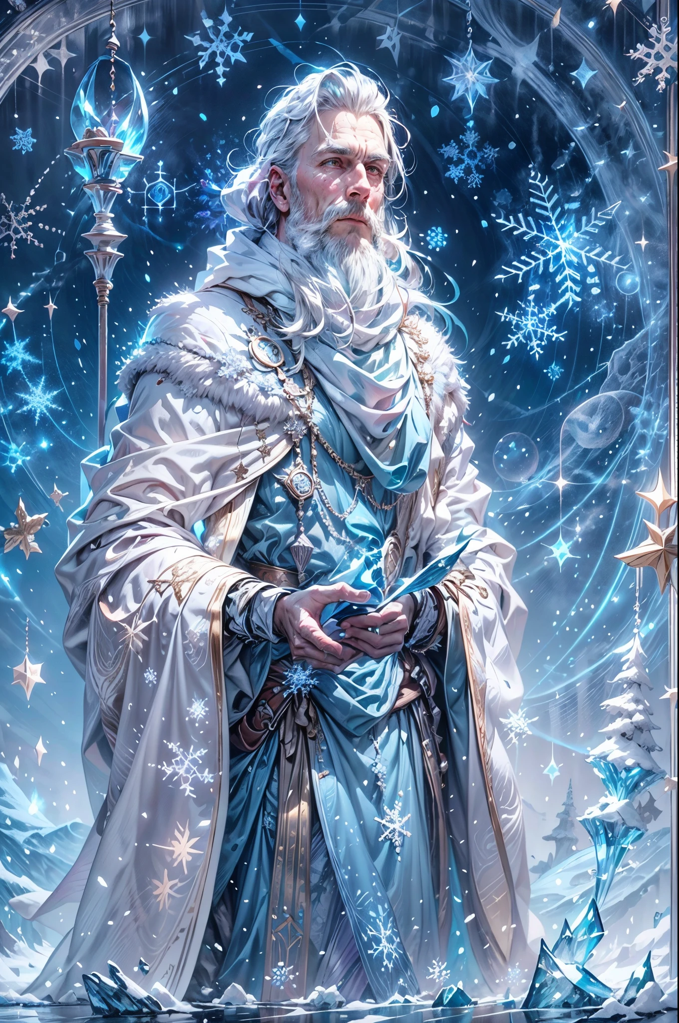 (a detailed, realistic portrait)Santa Claus(,the iconic Christmas figure,)as an ice wizard,in a snowy winter landscape(dotted with frosted trees and gently falling snowflakes).His(white, flowing)beard(glistens with ice crystals and)extends(below his waist).He wears(a long, blue robe),(embroidered with delicate snowflake patterns),that billows in the cold wind, and(a silver belt)cinches his waist. His eyes(glitter with a subtle blue hue)and(his nose is adorned with a snowflake-shaped)-shaped silver ring. In one hand, he holds(a sparkling icicle staff)that emits a soft, cool glow.(He stands atop a towering)ice platform,(emitting an ethereal blue light)that emanates from underneath it. The sky(dons a palette of icy blue and lavender hues),while(pale sunlight)peeks through the clouds, casting a(soft, cool glow)over the entire scene.