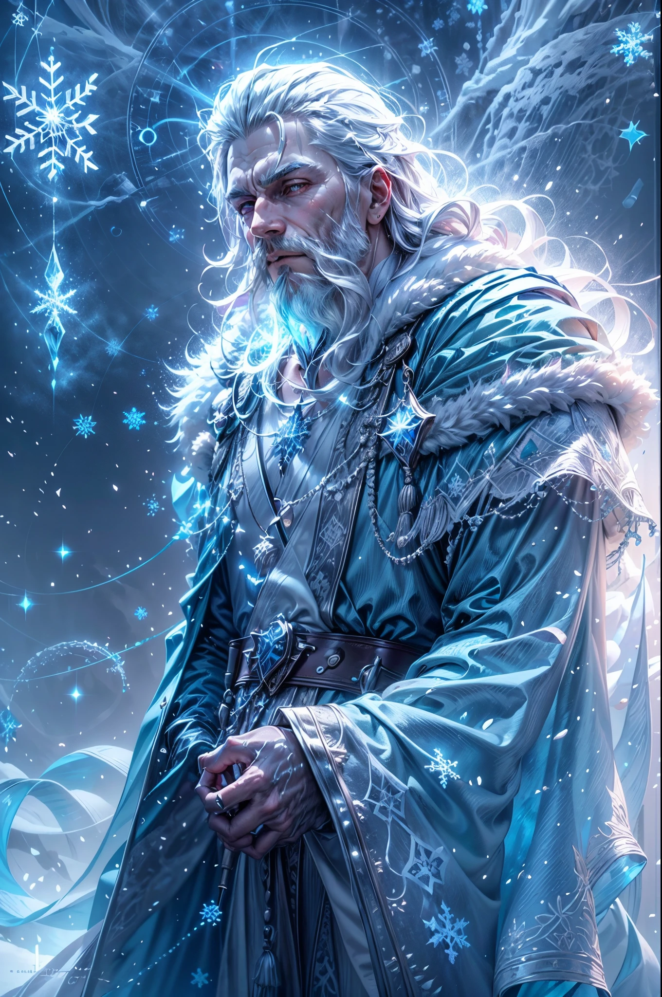 (a detailed, realistic portrait)Santa Claus(,the iconic Christmas figure,)as an ice wizard,in a snowy winter landscape(dotted with frosted trees and gently falling snowflakes).His(white, flowing)beard(glistens with ice crystals and)extends(below his waist).He wears(a long, blue robe),(embroidered with delicate snowflake patterns),that billows in the cold wind, and(a silver belt)cinches his waist. His eyes(glitter with a subtle blue hue)and(his nose is adorned with a snowflake-shaped)-shaped silver ring. In one hand, he holds(a sparkling icicle staff)that emits a soft, cool glow.(He stands atop a towering)ice platform,(emitting an ethereal blue light)that emanates from underneath it. The sky(dons a palette of icy blue and lavender hues),while(pale sunlight)peeks through the clouds, casting a(soft, cool glow)over the entire scene.
