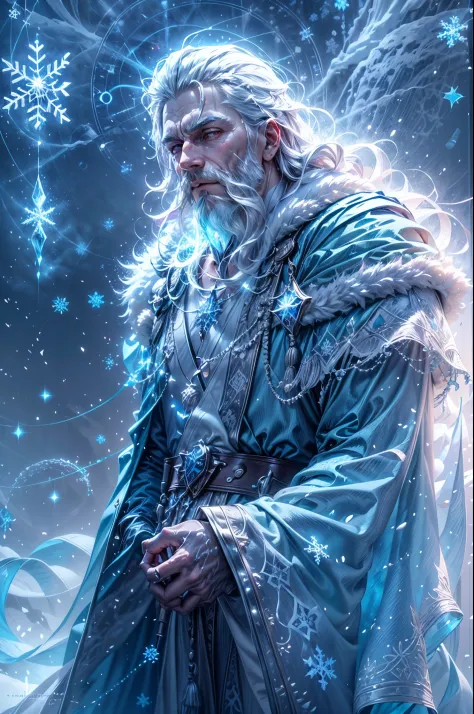 (a detailed, realistic portrait)Santa Claus(,the iconic Christmas figure,)as an ice wizard,in a snowy winter landscape(dotted wi...