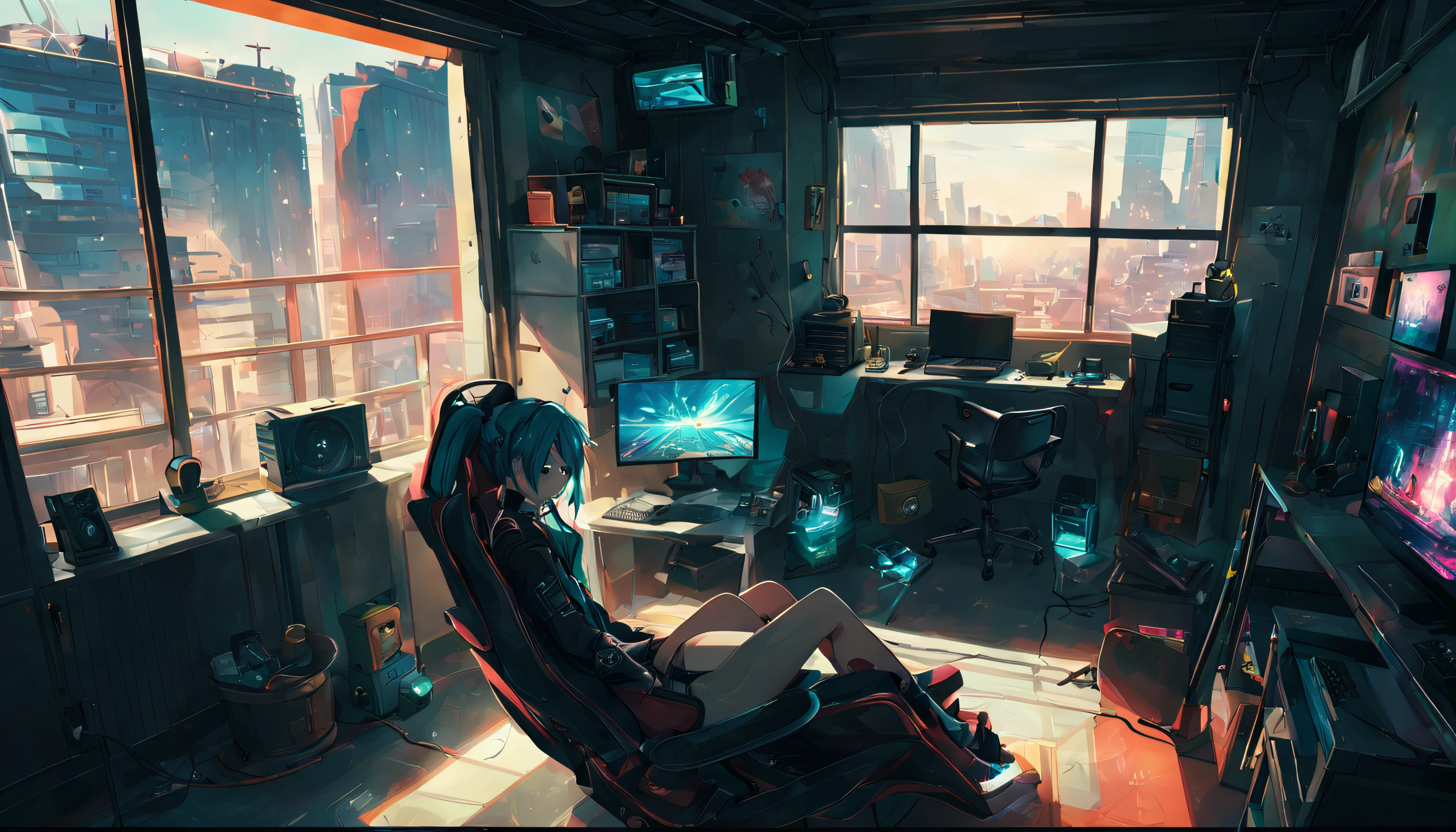 (Best Quality, 4K, hight resolution, masutepiece:1.2), Ultra-detailed, Realistic:1.37, Cyberpunk style cluttered room, more neon, Many machines with unknown uses, Large windows with an open feel, Sunny outside, Sitting on a chair, Hatsune Miku