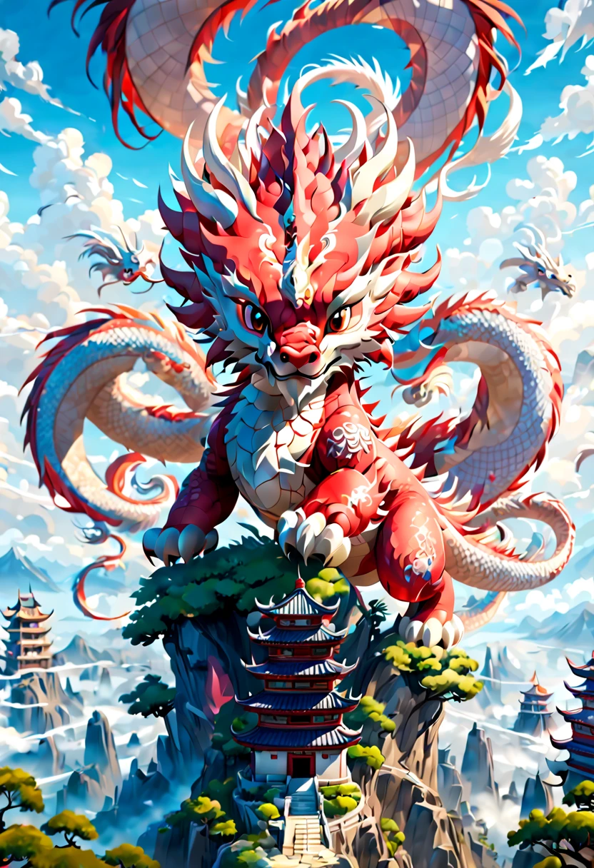 a chinese Dragon cub flying on the sky, happy, chibi, enhance, intricate, (best quality, masterpiece, Representative work, official art, Professional, unity 8k wallpaper:1.3)