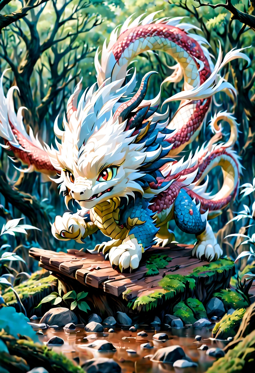 by Naoki Urasawa, a chinese Dragon cub flying on the woods, chibi, enhance, intricate, (best quality, masterpiece, Representative work, official art, Professional, unity 8k wallpaper:1.3)