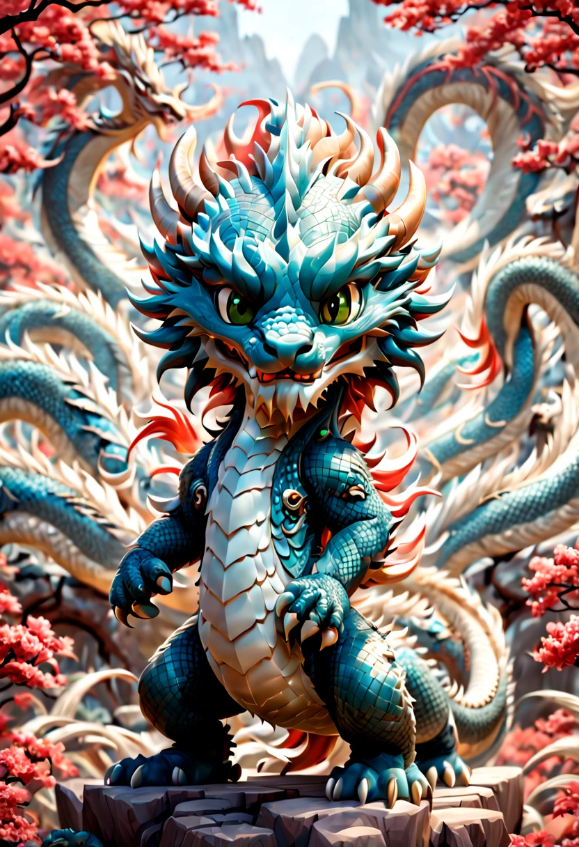 by Don Bluth and Tex Avery, a chinese Dragon cub, chibi, , ultra-wide-angle, oc render, enhance, intricate, (best quality, masterpiece, Representative work, official art, Professional, unity 8k wallpaper:1.3)