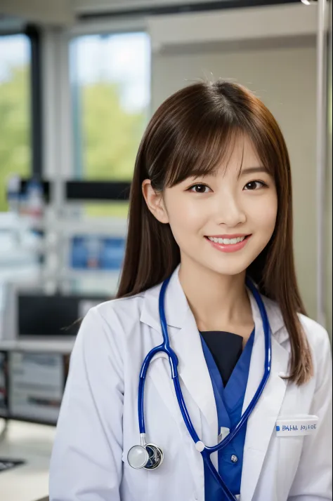 The most beautiful woman who works as a doctor、with shiny brown hair、Wearing a navy medical setup uniform、Stethoscope on the neck、Very enchanting.。She's full of confidence々Smiled at.、toward to the camera。her fashion and expressions、A perfect balance betwee...