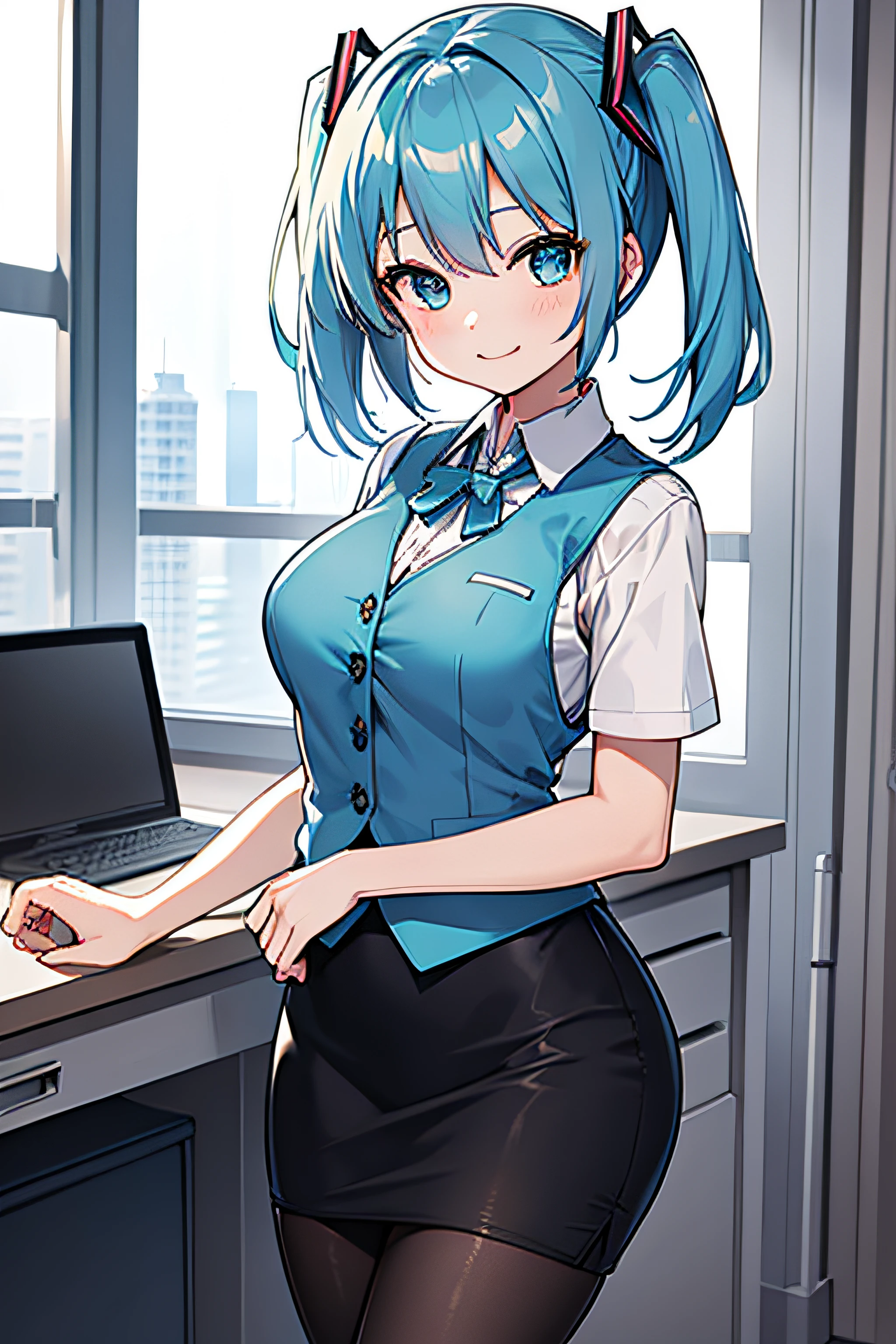 ​masterpiece、Top image quality、超A high resolution、miku hatsune、blue hairs、Twin-tailed、Short hair、Smile、OL Costume、White dress shirts、vests、pencil skirts、firm breasts、well-shaped breasts、Black pantyhose、Staff ID Card、Office