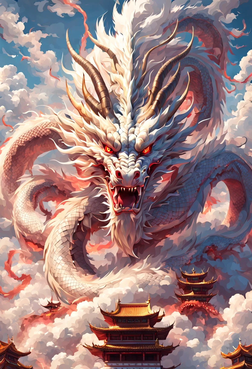 a chinese Dragon, cloud, architecture, east asian architecture, red eyes, horns, open mouth, sky, fangs, eastern dragon, cloudy sky, teeth, flying, fire, wings