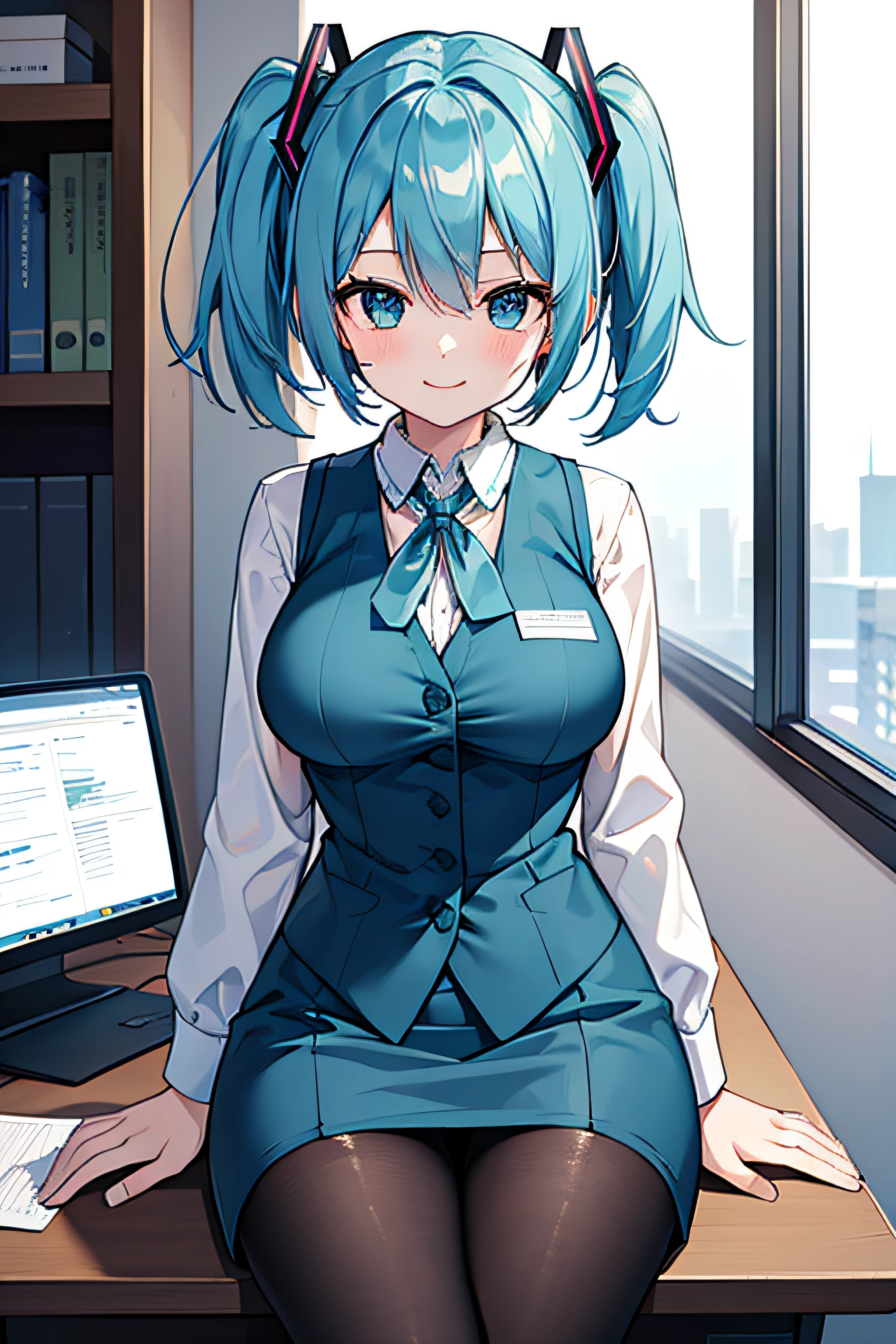 ​masterpiece、Top image quality、超A high resolution、miku hatsune、blue hairs、Twin-tailed、Short hair、Smile、OL Costume、White dress shirts、vests、pencil skirts、firm breasts、well-shaped breasts、Black pantyhose、Sitting in an office chair、Office