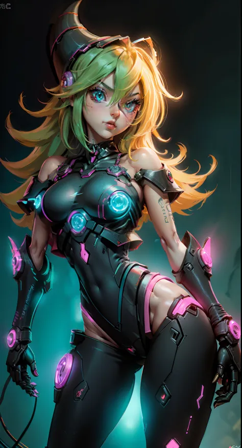 dark magician gils. cuerpo mecanico sanguijuela，chica de bits，caricaturesco，q version，robotic arm，trazado de rayos，cg，neon light