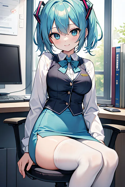 ​masterpiece、top image quality、超a high resolution、miku hatsune、blue hairs、twin-tailed、short hair、smile、ol costume、white dress sh...