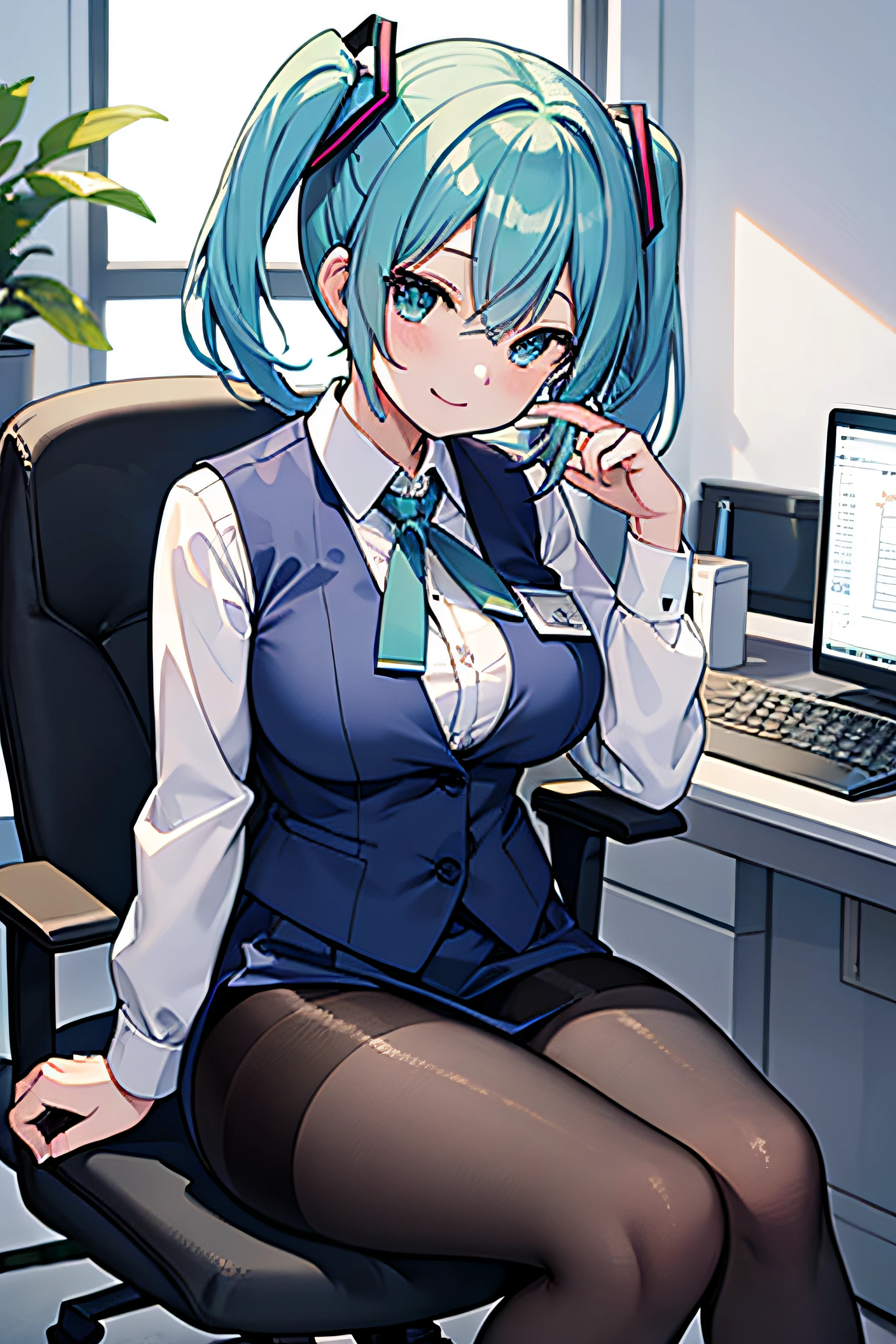 ​masterpiece、Top image quality、超A high resolution、miku hatsune、blue hairs、Twin-tailed、Short hair、Smile、OL Costume、White dress shirts、vests、firm breasts、well-shaped breasts、Black pantyhose、Sitting in an office chair、Office