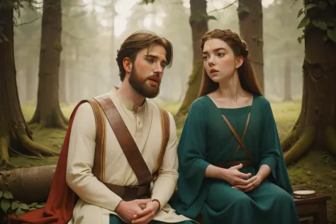 1136, england. otherworldly scene in a forest, ((((35-year-old)) bearded chris evans)), with anya taylor-joy, ((((poor plain tun...