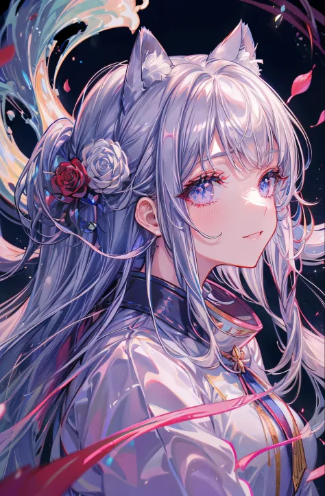 1 girl in、Eyes full of hope、The best smile、cheeks are stained red、Looking here、profile、eyelids rose、Gray hair、Silver long hair、B...
