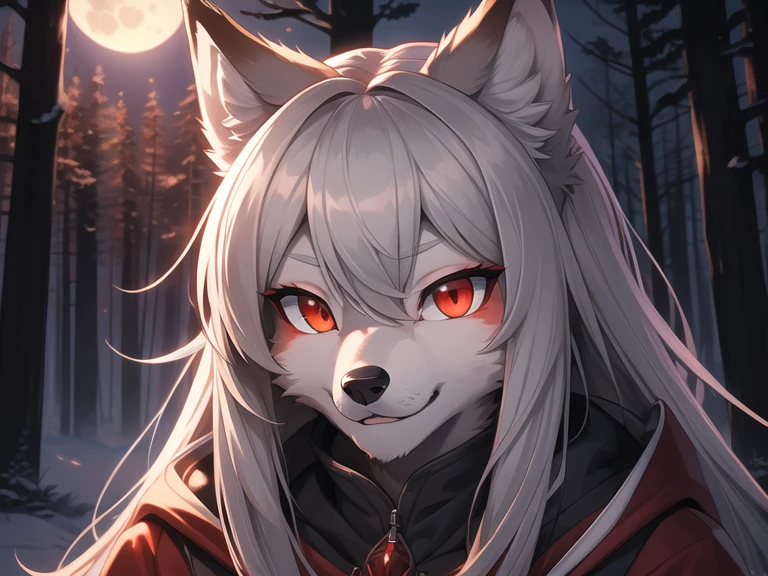master piece, high resolution, portrait, grey wolf, female, furry, bright_red_eyes, woods, full_moon, looking_at_viewer, ultra_detailed, best_quality, High detailed