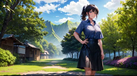 1girl, solo, full body, summer, village, trees, sun, clouds, black and white hair, curly hair, ponytail, large breasts, button down, dark blue eyes, ((hawaii shirt)), ((unbuttoned shirt)), ((short sleeved shirt)), skirt, brown shoes, grin, looking at the v...