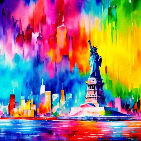 painting of  new york skyline, include the statue of liberty, intricate details, detailed, make a focus point, wtrcolor style, p...