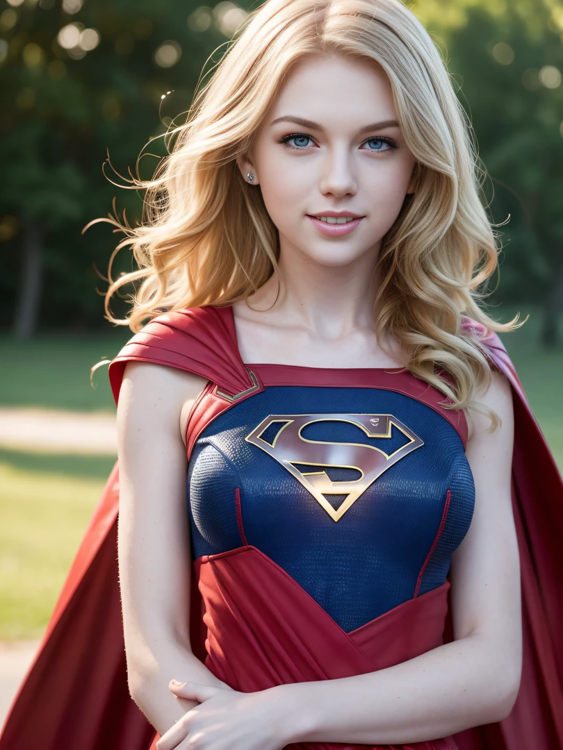 ((Alta resolução)), ((pele pálida)), sardento, Taylor Swift, bochechas coradas, Cabelo ondulado, sorridente, vestida de supergirl