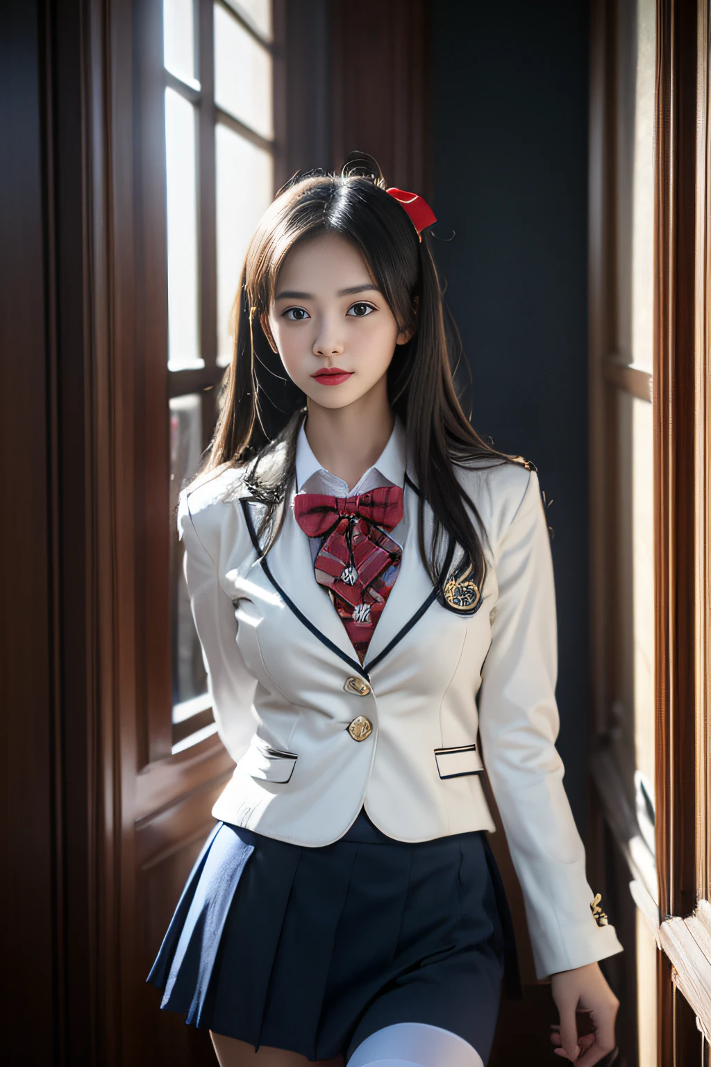 ( girl standing in a cute room)，Charming eyes，Heartwarming action，Turn your face away from the camera，stooped，Bend over，turn back，Look up at your head，thick and long black hair，Highly detailed body，Highly detailed face，best qualtiy、(P boobs iNK underwear),(High School Girls),((White Blazer、emblem on breasts))、((Translucent blouse)),((red bowtie)),((navy check flare skirt)),(Black stockings)、