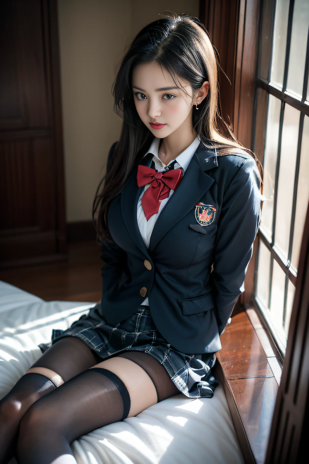 Arafed asian woman in a school uniform sitting on a bed - SeaArt AI