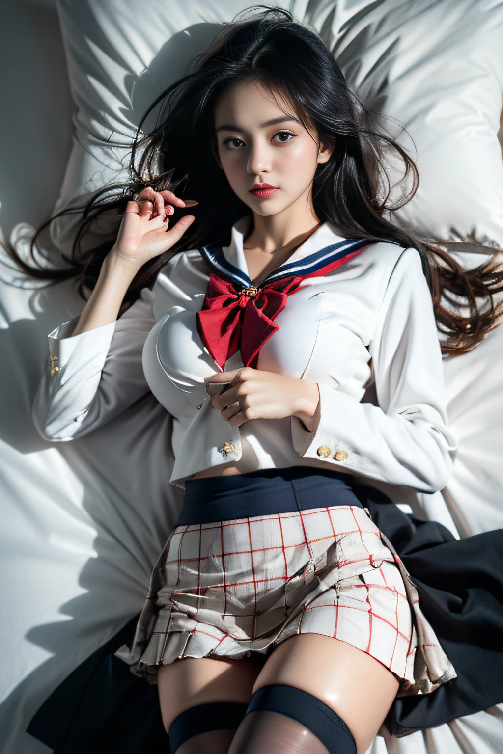 ( Girl lying in bed)，Charming eyes，Heartwarming action，Turn your face away from the camera，stooped，Bend over，turn back，Look up at your head，thick and long black hair，Highly detailed body，Highly detailed face，best qualtiy、(P boobs iNK underwear),(High School Girls),((White Blazer、emblem on breasts))、((Translucent blouse)),((red bowtie)),((navy check flare skirt)),(Black stockings)、