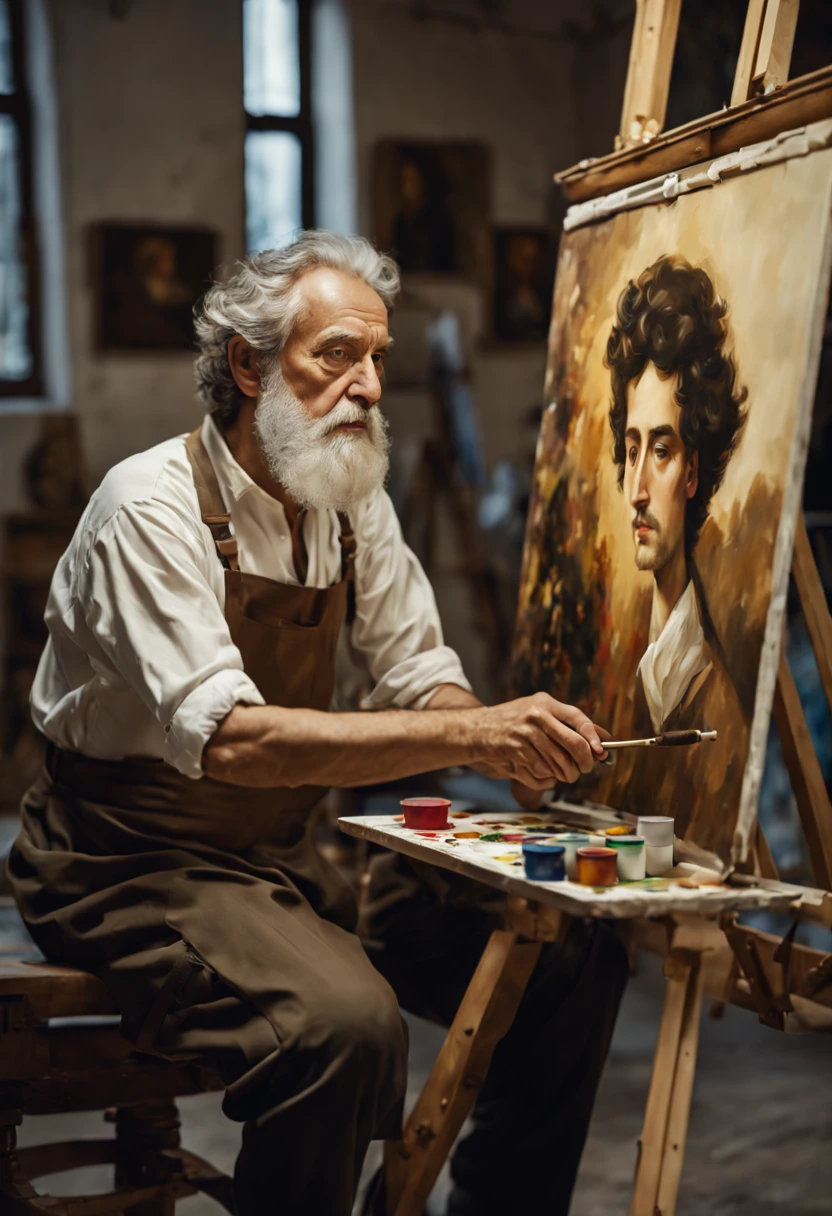 A high-resolution 8K cinematic shot in a traditional Italian art studio. A young Italian student, Marco, with dark, curly hair, is intently painting a canvas. Master Giuseppe, an elderly man with a gentle face and white beard, guides him. The studio is adorned with classic art and filled with the scent of oil paint.