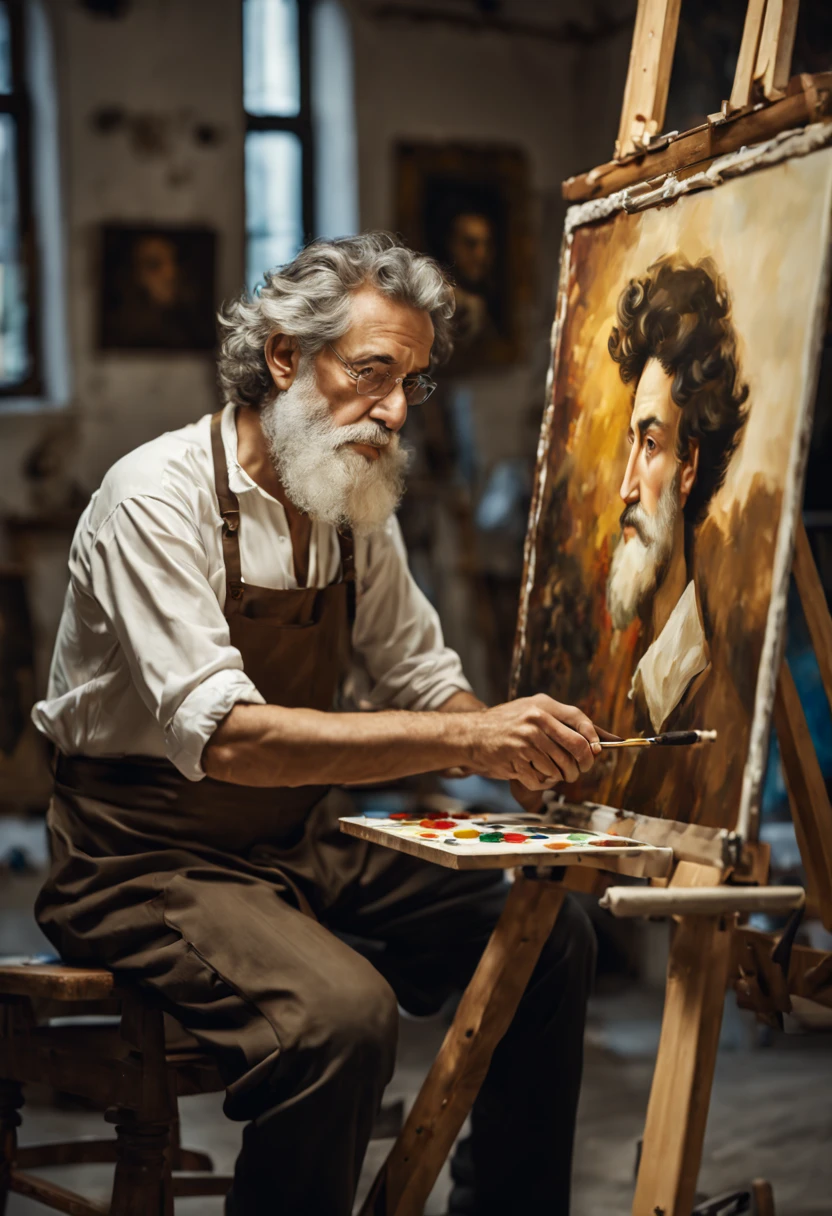 A high-resolution 8K cinematic shot in a traditional Italian art studio. A young Italian student, Marco, with dark, curly hair,  intently painting a canvas. Master Giuseppe, an elderly man with a gentle face and white beard, guides him. The studio  adorned with classic art and filled with the scent of oil paint. Marco taking to the master