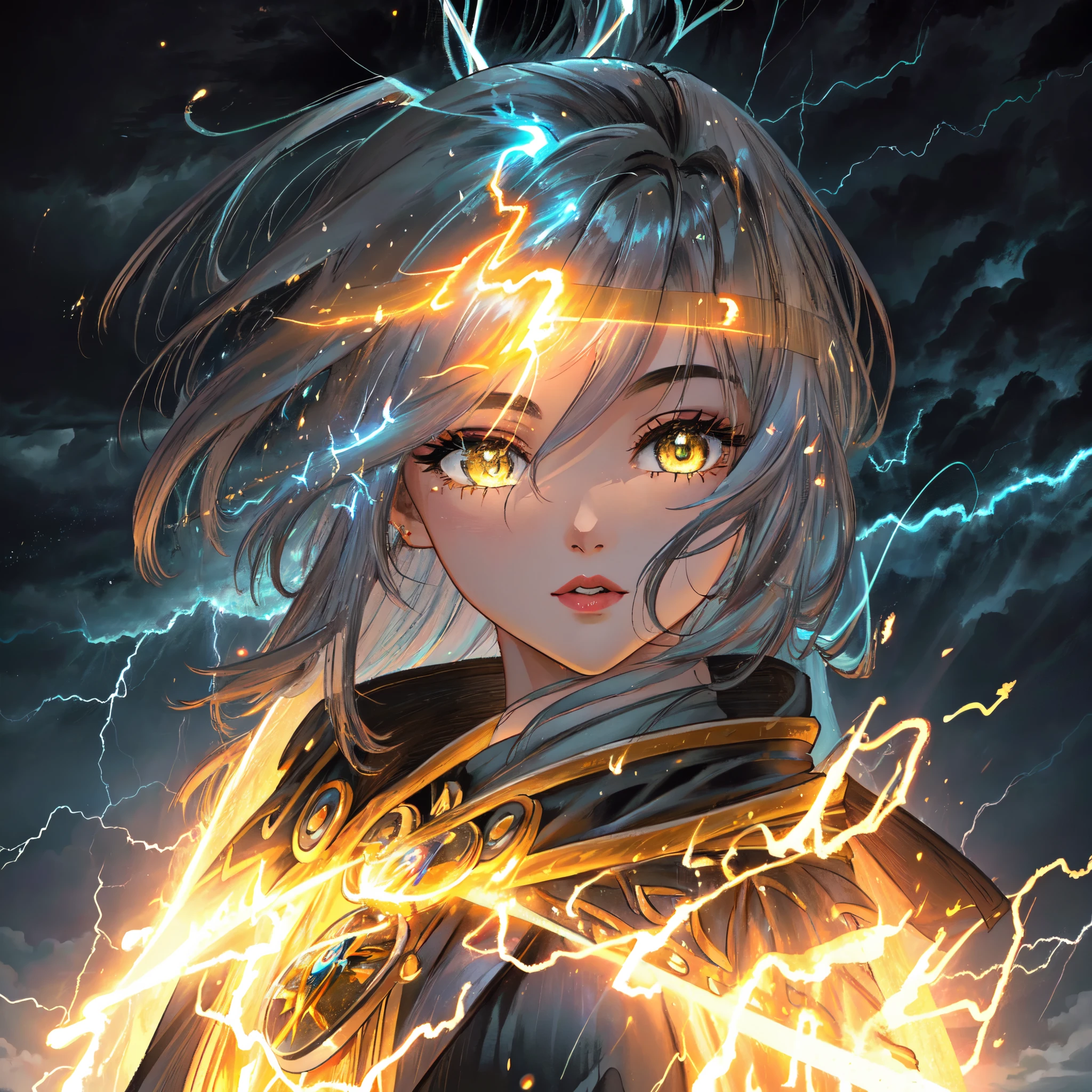 a close-up of a woman with lightning hair and yellow cape, goddess of lightning, she attracts lightning, lightning fantasy magic, splashes of lightning behind her, maya ali as a lightning mage, Retrato da feiticeira feminina, retrato closeup de um mago, Retrato de um mago feminino, storm egyptian god, Retrato de uma feiticeira