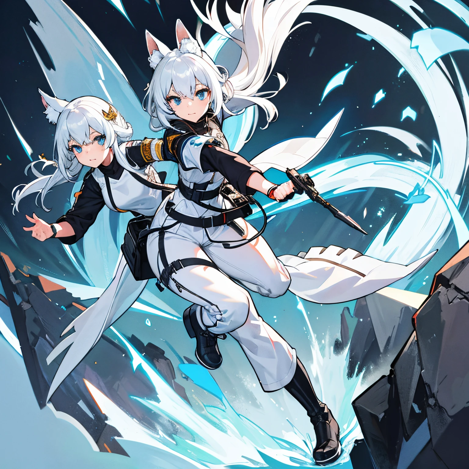 8k resolution, high quality, high resolution, best quality, best resolution, absurd resolution, ray tracing, high detailed, white hair, female,white wolf ears, teenage girl, slim body, white scale dragon tail,black combat boots,dark camo pants, black t-shirt, combat medic backpack, white scale dragon tail , detailed blue eyes, beautiful face, medium size chest