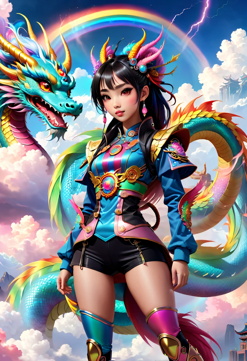 Chica futurista y lindo dragón chino.，Nubes auspiciosas coloridas，Cola de dragón chino，corrección dragotómica china，Nube arcoiris Lingling，tecnología del futuro，personaje ciber punk，Magia del rayo