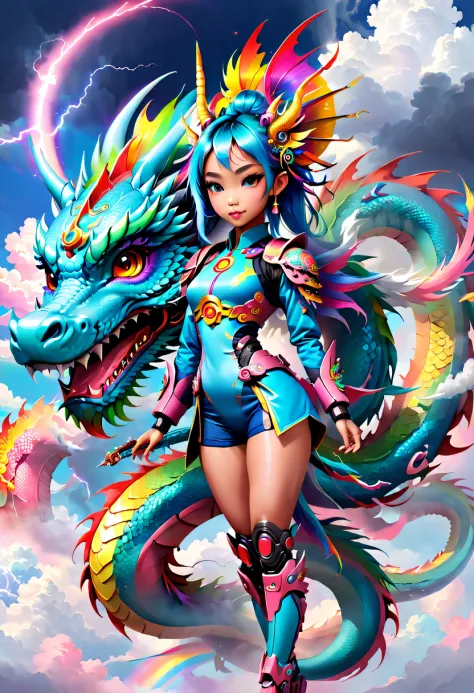 Futuristic mecha girl and cute chinese dragon，Colorful auspicious clouds，Chinese dragon tail，chinesedragon，Anatomical correct，Ra...