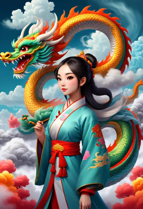 Modern girl and cute chinese dragon，Colorful auspicious clouds，Chinese dragon tail，chinesedragon，Anatomical correct，Cloud fog
