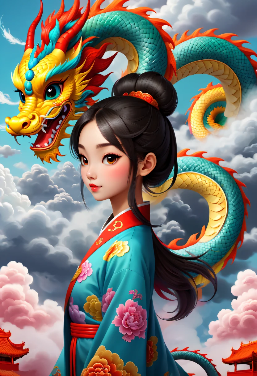 Fille moderne et joli dragon chinois，Nuages de bon augure colorés，Queue de dragon chinois，chinoisdragotomique correct，Brouillard nuageux