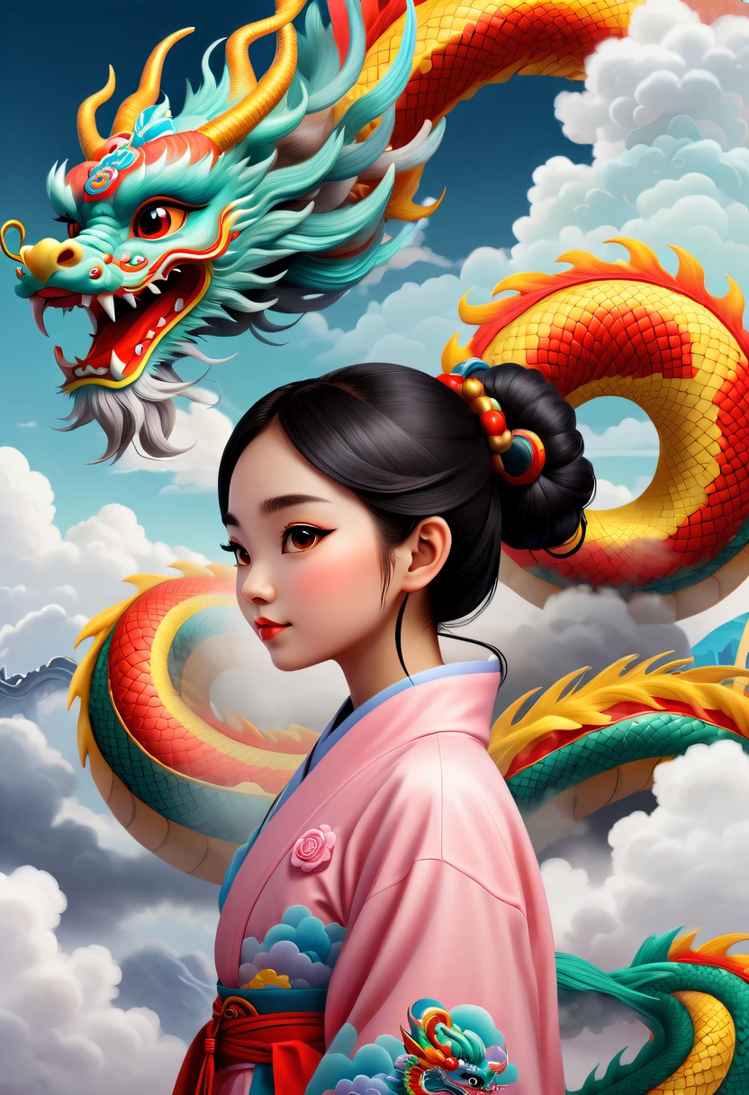 현대 소녀와 귀여운 중국 용，다채로운 상서로운 구름，중국 용의 꼬리，한의학의 올바른，구름안개