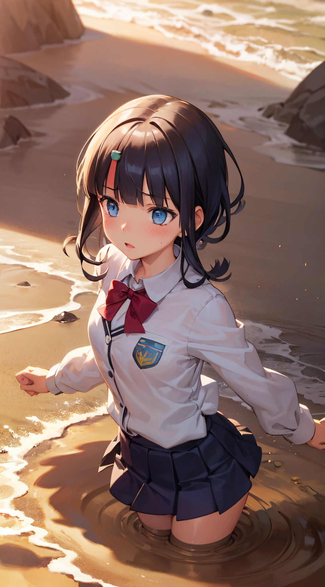 masterpiece, great quality, ultra detail, illustration, game cg, 1girl, solo, FGOErice, (school uniform), glossy lips, scared, (looking down), (quicksand:1.3), beach