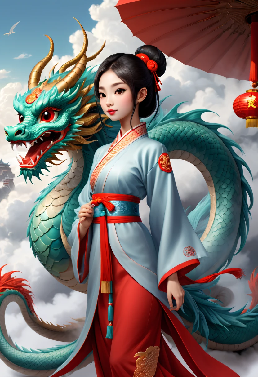 현대 소녀와 귀여운 중국 용，중국 샹윈，중국 용의 꼬리，한의학의 올바른，구름안개