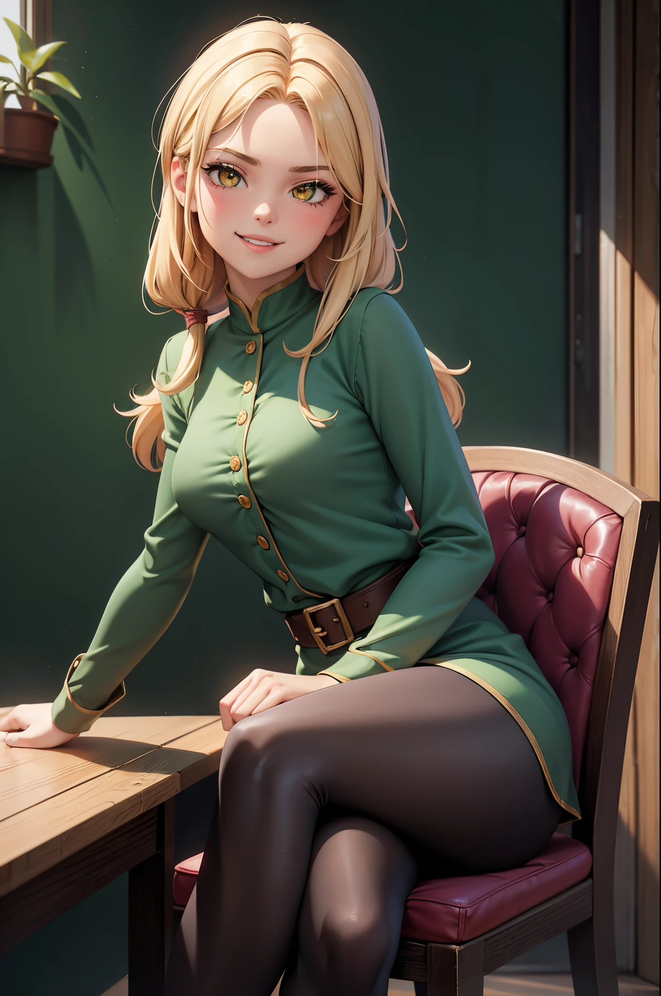 1girl, solo, 16 years old, loose blond hair, wearing velvet red leggings and green sweather, sitting on a chair in classroom, crossing legs, smiling embarassed, side view, bare forehead, hooked nose, puffy cheeks, small breast, alluring, flirty, confident, scornful look, malicious smirk, detailed face, detailed yellow eyes, detailed irises, thick fleshy lips, medieval, high res, best quality, ultrasharp, 8K, cinematic, green wall behind