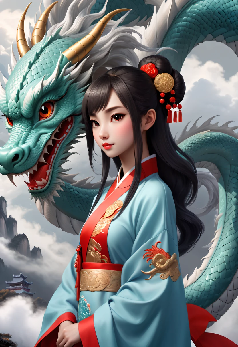 Modern girl and cute chinese dragon，China Xiangyun，Chinese dragon tail，chinesedragon，Anatomical correct，Cloud fog