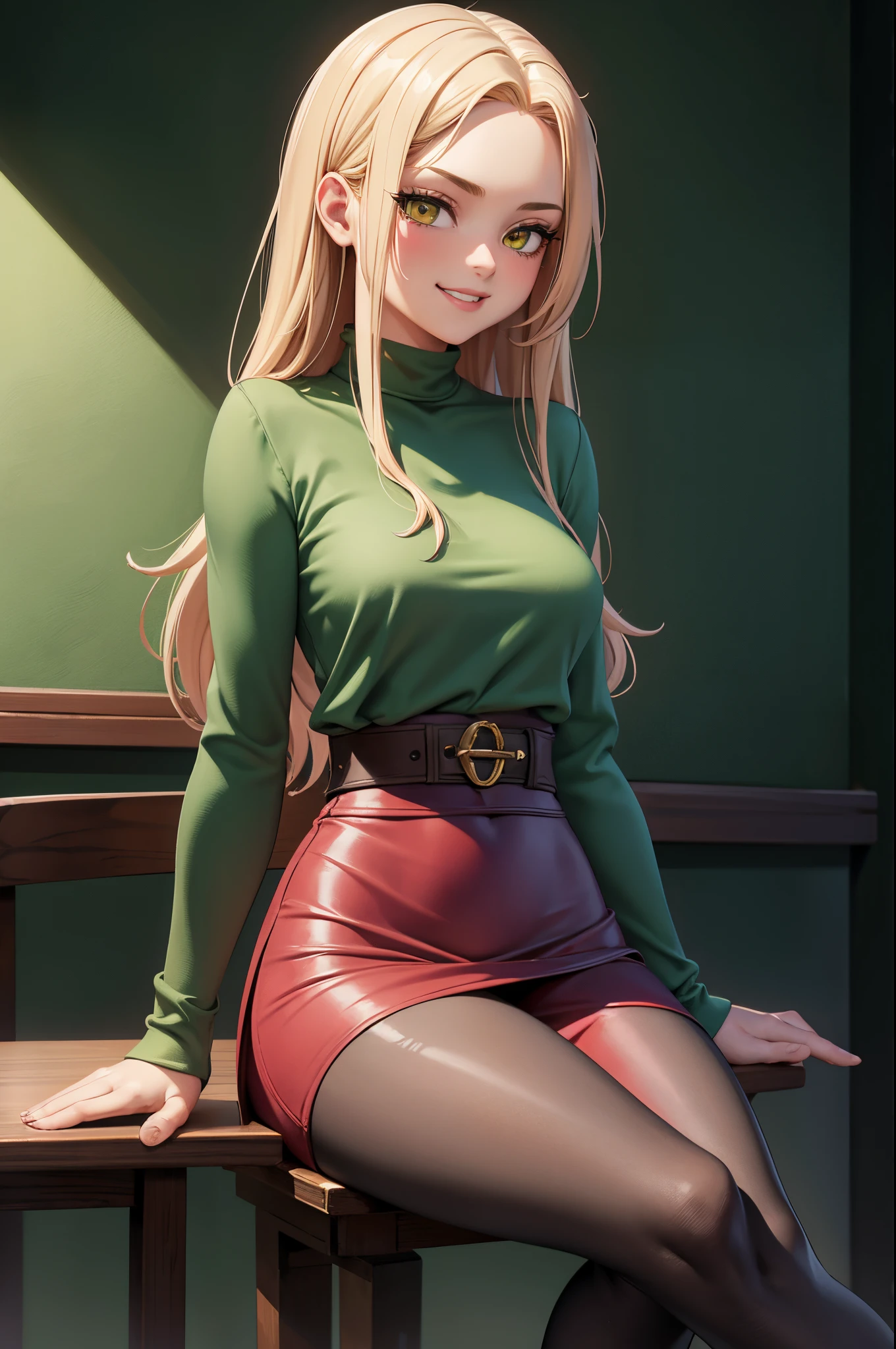 1girl, solo, 16 years old, loose blond hair, wearing velvet red leggings and green sweather, sitting on a chair in classroom, crossing legs, smiling embarassed, side view, bare forehead, hooked nose, puffy cheeks, small breast, alluring, flirty, confident, scornful look, malicious smirk, detailed face, detailed yellow eyes, detailed irises, thick fleshy lips, medieval, high res, best quality, ultrasharp, 8K, cinematic, green wall behind