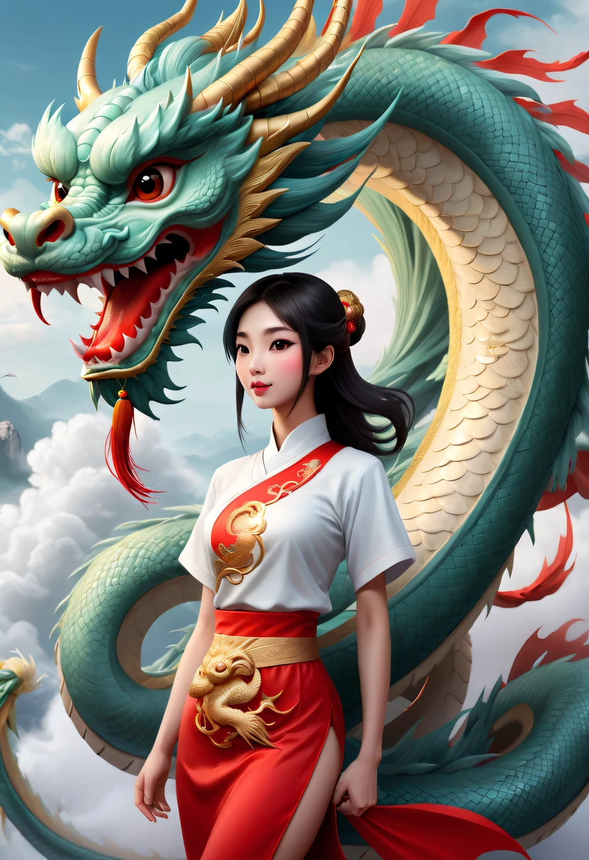 Modern girl and cute chinese dragon，China Xiangyun，Chinese dragon tail，chinesedragon，Anatomical correct，Cloud fog