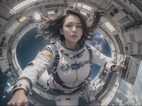 Distance shot, full body portrait, a beautiful brunette woman age 30, skydiving in a spacesuit inside a space station, long hair...