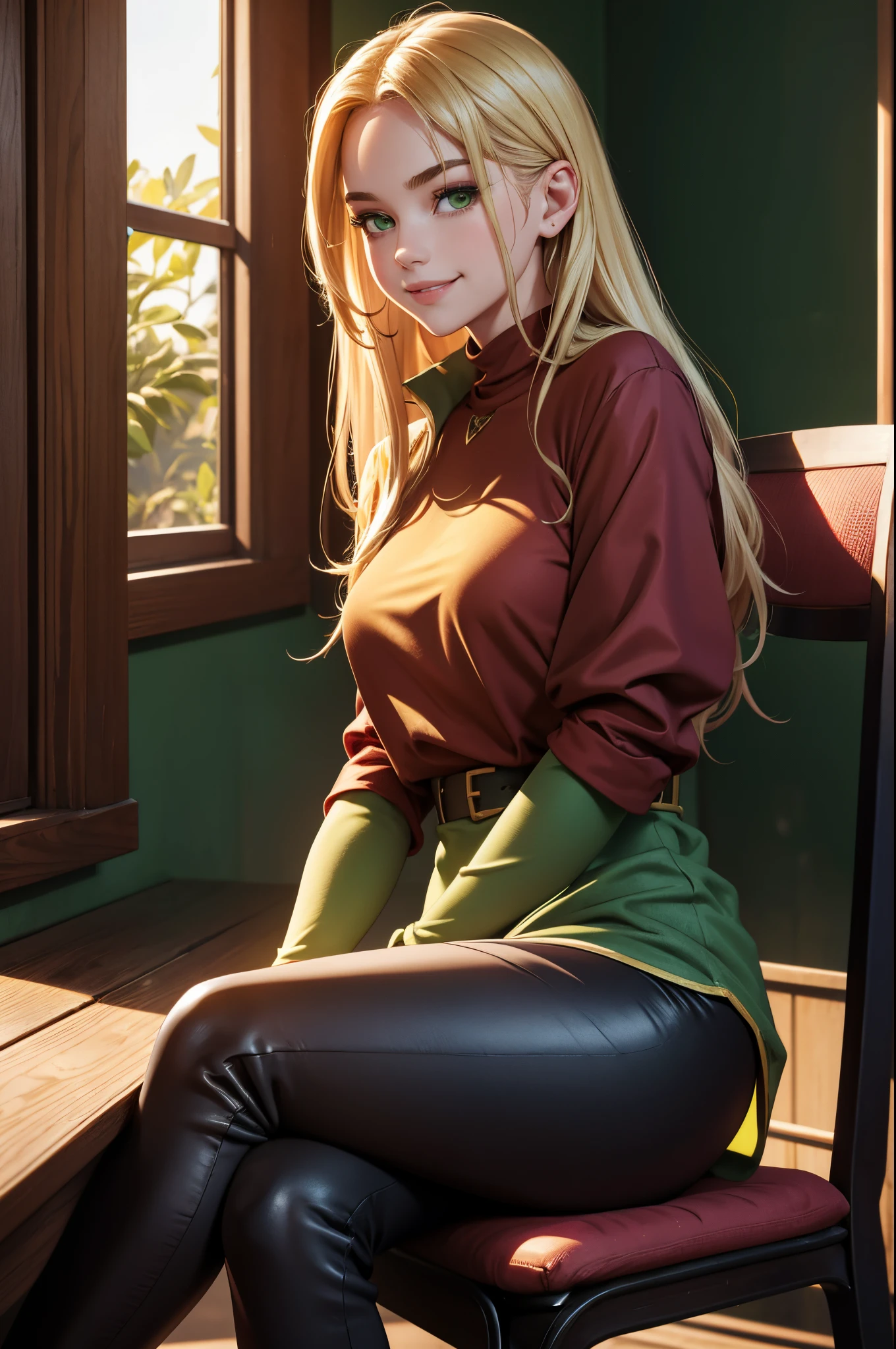 1girl, solo, 16 years old, loose blond hair, wearing velvet red leggings and green sweather, sitting on a chair in classroom, crossing legs, smiling embarassed, side view, bare forehead, hooked nose, puffy cheeks, small breast, alluring, flirty, confident, scornful look, malicious smirk, detailed face, detailed yellow eyes, detailed irises, thick fleshy lips, medieval, high res, best quality, ultrasharp, 8K, cinematic, green wall behind