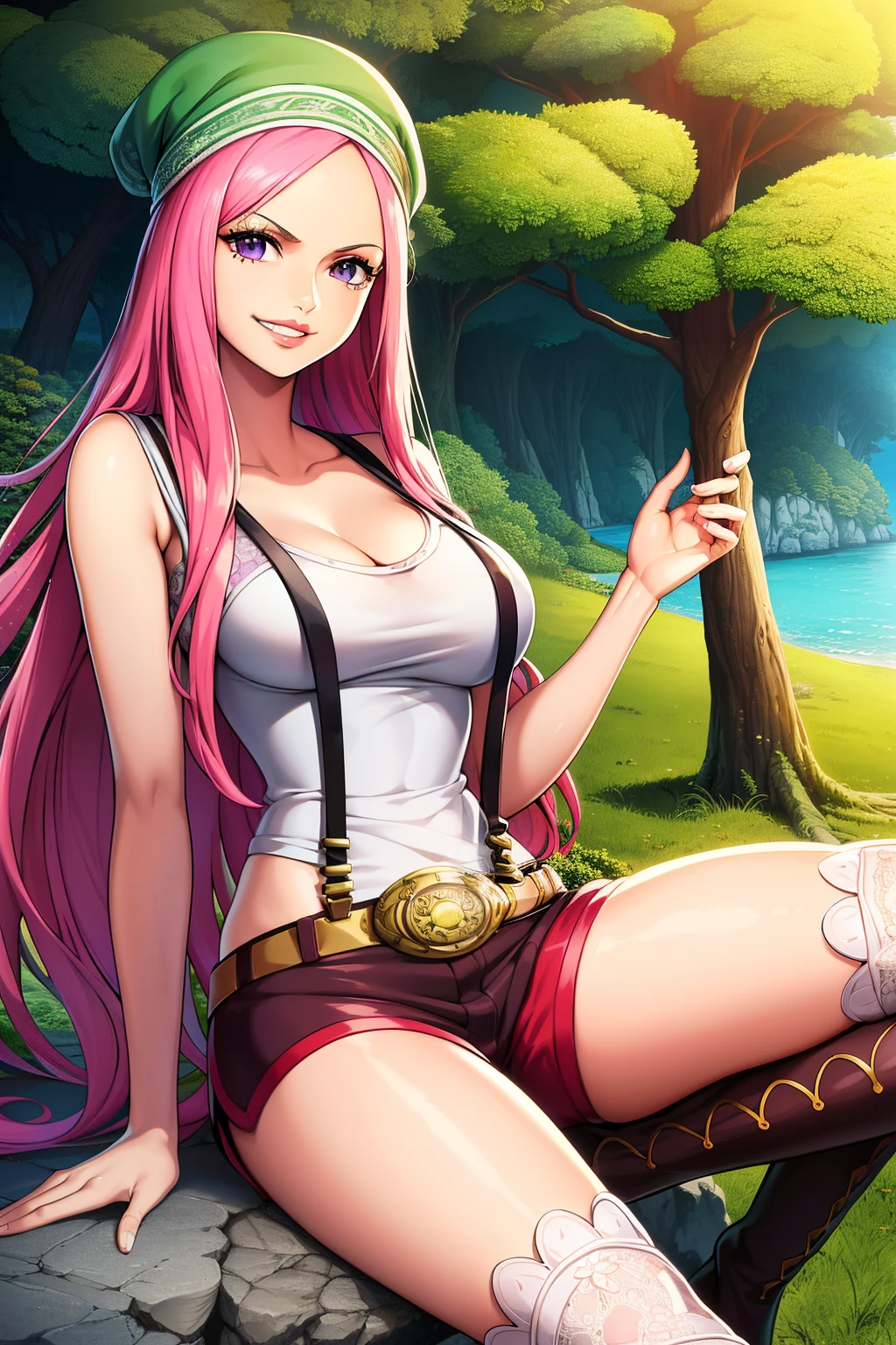 A woman with pink hair sitting on a rock in a forest - SeaArt AI