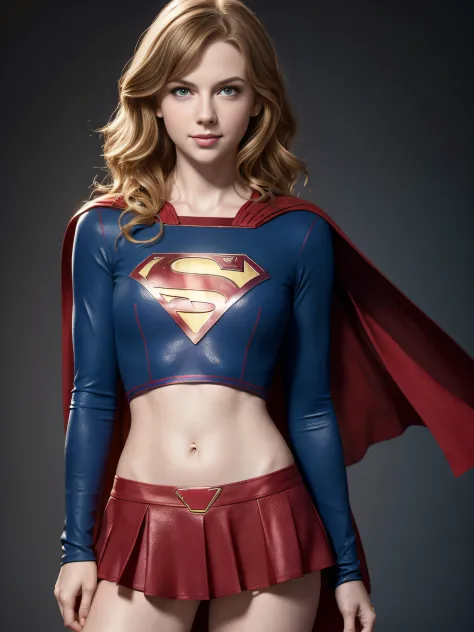 ((high resolution)), ((pale skin)), freckled, taylor swift, blushing cheeks, wavy hair, smiling, dressed as supergirl