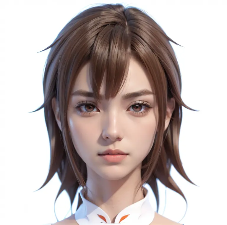 Anime girl with brown hair and orange eyes in a white shirt, Erstellt mit Anime Painter Studio, Realistischer Anime-3D-Stil, Det...