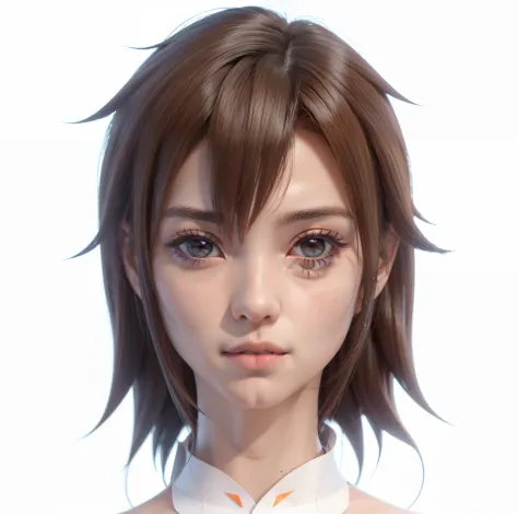 Anime girl with brown hair and orange eyes in a white shirt, Erstellt mit Anime Painter Studio, Realistischer Anime-3D-Stil, Detailliertes Anime-weiches Gesicht, Hochdetaillierter Gesichts-Anime, 3D im Anime-Stil, Semi-realistischer Anime, render of a cute...