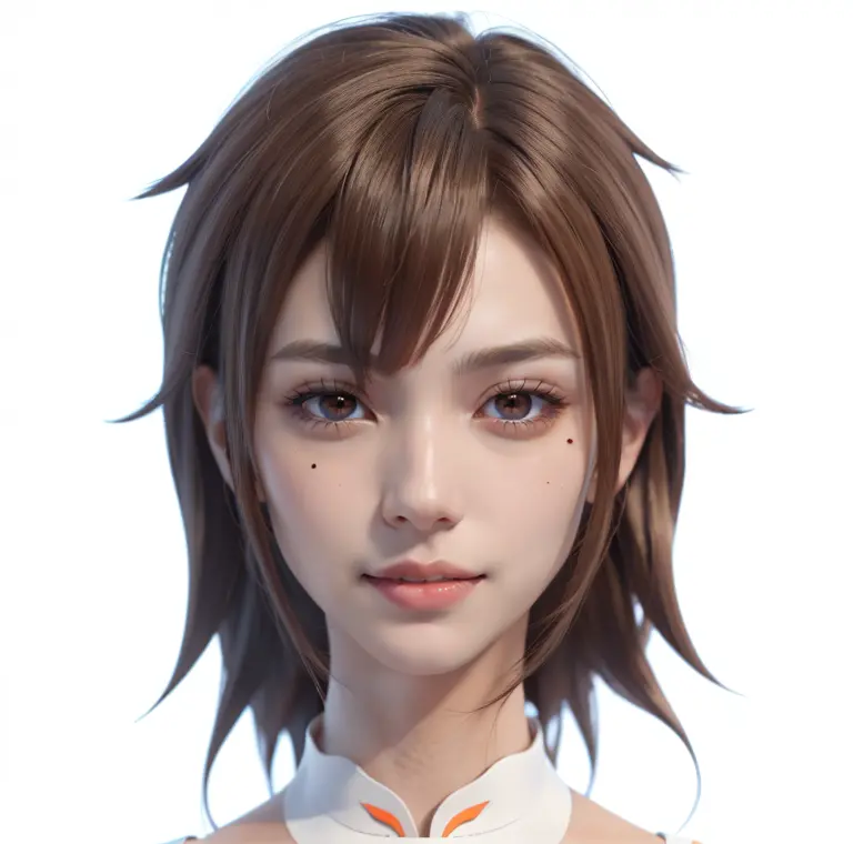 Anime girl with brown hair and orange eyes in a white shirt, Erstellt mit Anime Painter Studio, Realistischer Anime-3D-Stil, Det...